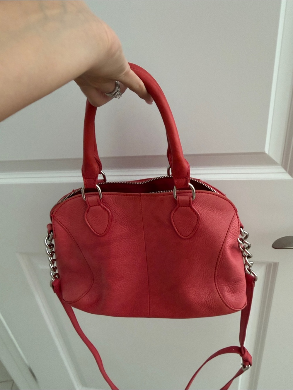 Audrey Brooke Red Leather Satchel with Chain Shoulder Detail